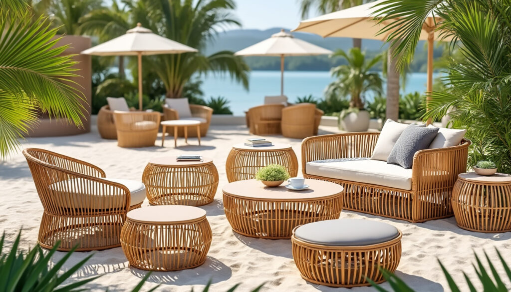 découvrez notre collection de mobilier en rotin écologique, incluant des tables basses et tables d'appoint parfaites pour sublimer l’ambiance des cafés et des plages tout en respectant l’environnement.