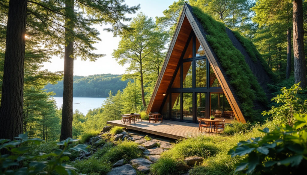 découvrez une maison a-frame écoresponsable, parfaitement intégrée au cœur de la nature du maine. profitez d'un séjour durable dans un cadre unique, alliant confort moderne et respect de l'environnement.