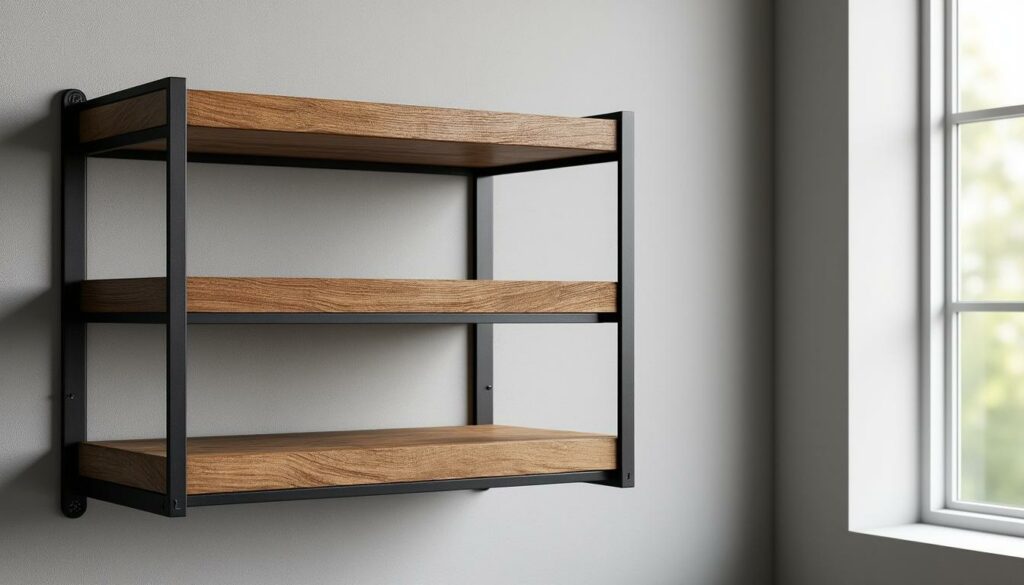 découvrez notre étagère murale industrielle alliant l'élégance du métal noir à la chaleur du bois, parfaite pour un intérieur moderne et stylé.