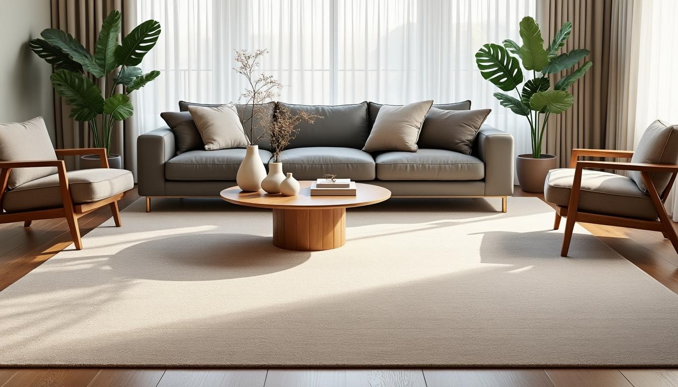 découvrez le grand tapis beige, l'élément essentiel pour apporter élégance et chaleur à votre salon. un style intemporel qui s'adapte à toutes les décorations.